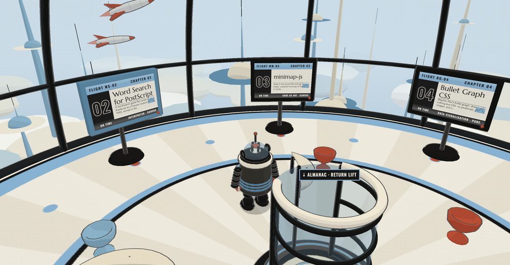 The Skyport of Tomorrow: a domed 1950s-style airport lounge with project monitors, a robot traveller and a glass return lift, rockets flying past outside.